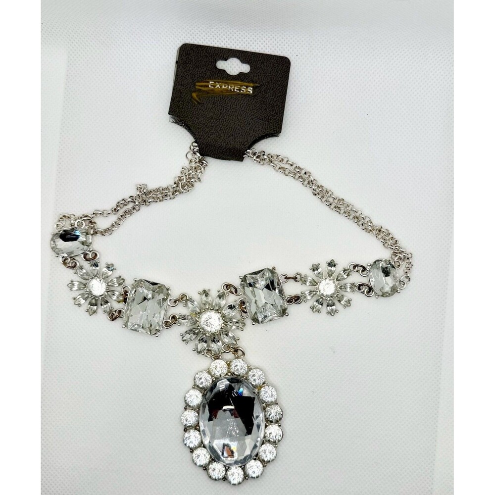 Express Silver Tone Rhinestone Statement Necklace with Floral Accents - Picture 2 of 3